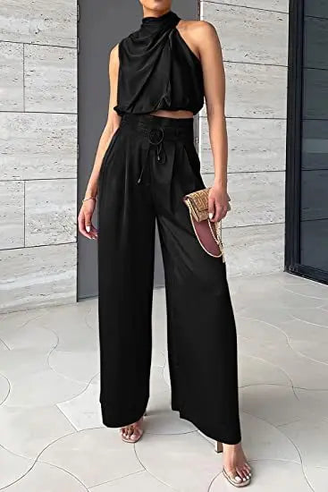 Ensemble deux pièces pour femme, pantalon ouvert au nombril, haut sans manches en soie plissée, pantalon large, ensemble assorti d'été 2024