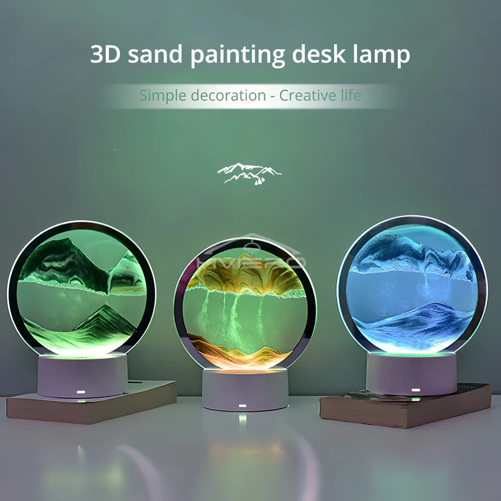 Lámpara de Mesa LED Luz Nocturna de Ambiente Decoración Pintura de Arena Movediza Cristal Redondo Creativo Descompresión Tridimensional para Dormitorio