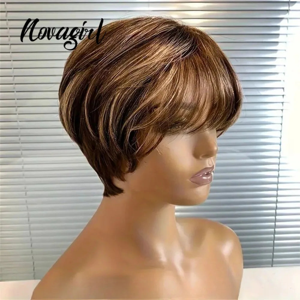 High Quality 6 Inch Pixie Wigs Color P4/27 for Women Full Machine Made Brazilian Virgin Remy Human Hair Soft Comfortable