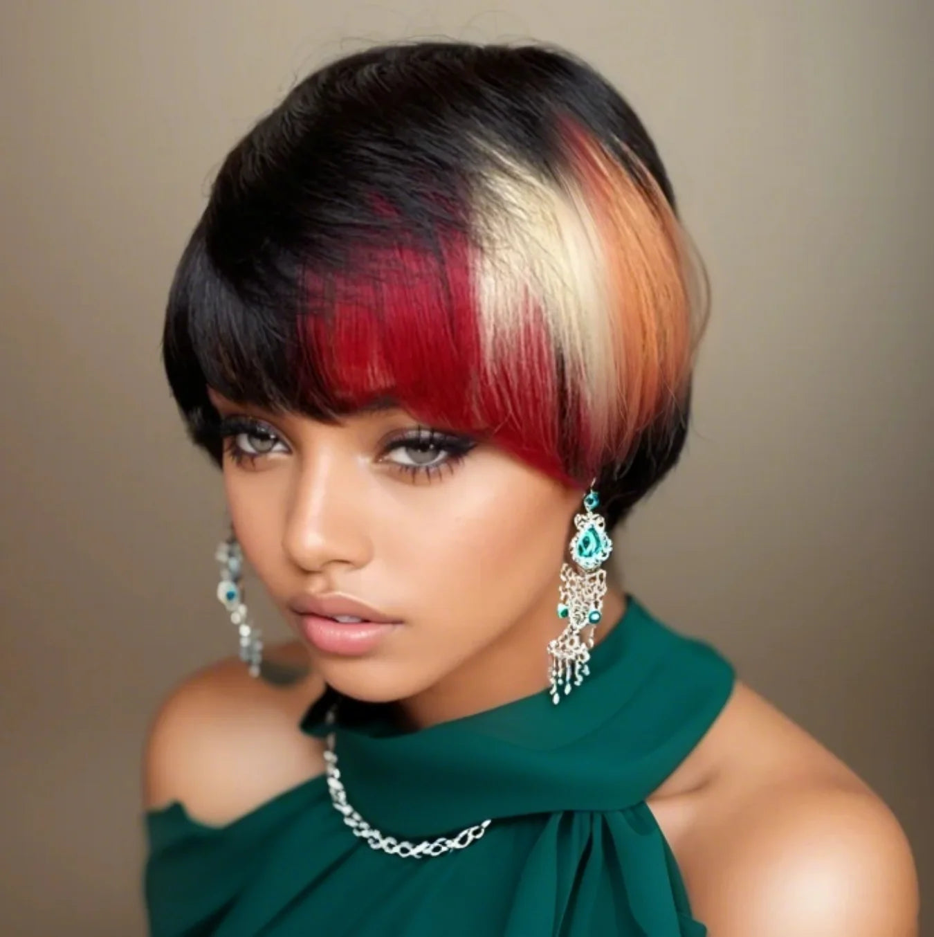 Short Pixie Cut Human Hair Wigs Natural Look Short Layered Bangs 1B Red Blonde Colorful Machine Made Wigs for Women
