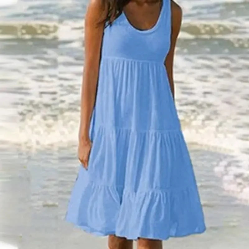 Vestido casual de mujer con cuello redondo, sin mangas, con volantes, minivestido boho liso para playa, vestido suelto oversize, verano 2024