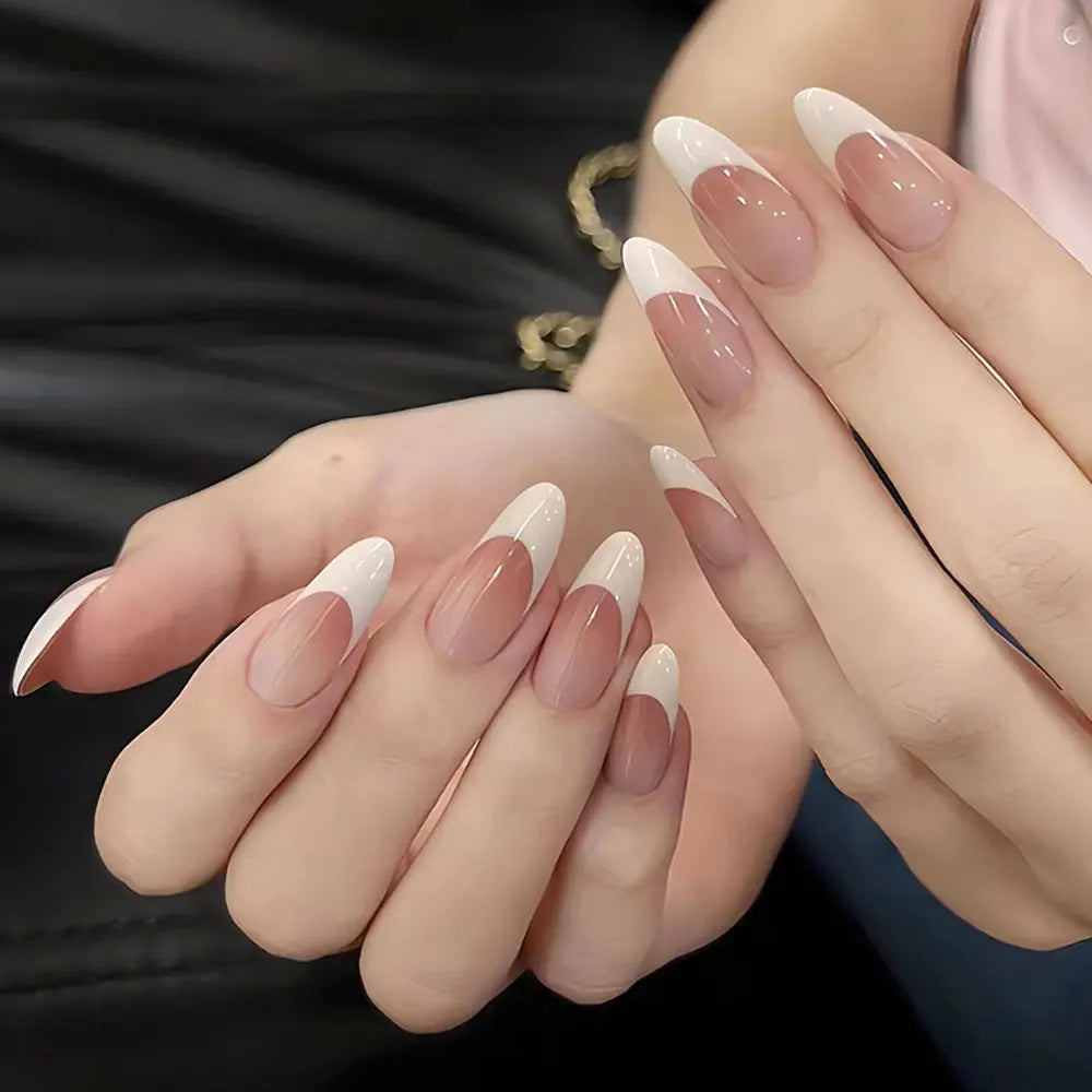 120 uñas postizas francesas de almendra mediana rosas, diseño degradado blanco, uñas postizas francesas a presión, cubierta completa de gel acrílico, puntas de uñas postizas#