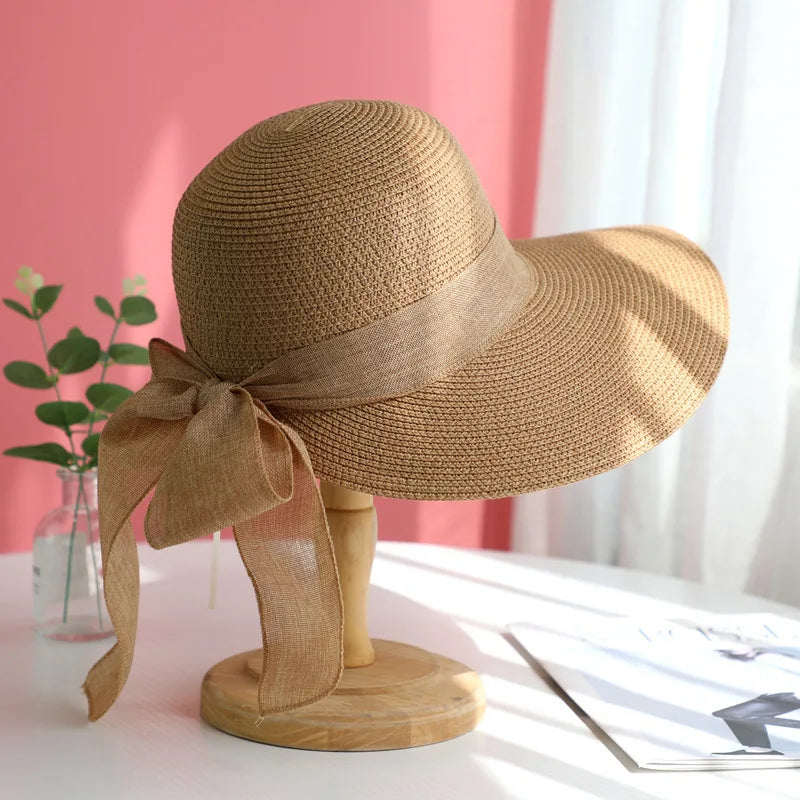 Sombrero de sol de verano estilo bohemio para mujer, protección solar, gorra de pescador de paja de playa, visera de encaje con lazo grande a la moda