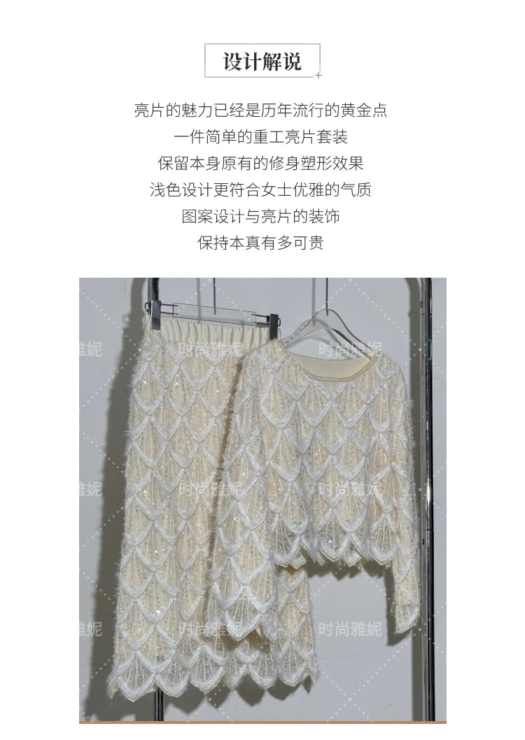Conjunto de falda de lentejuelas y abalorios de moda de alta gama, Primavera 2025, Nueva camiseta de manga larga, Falda de cadera ajustada de cintura alta, Conjunto de 2 piezas