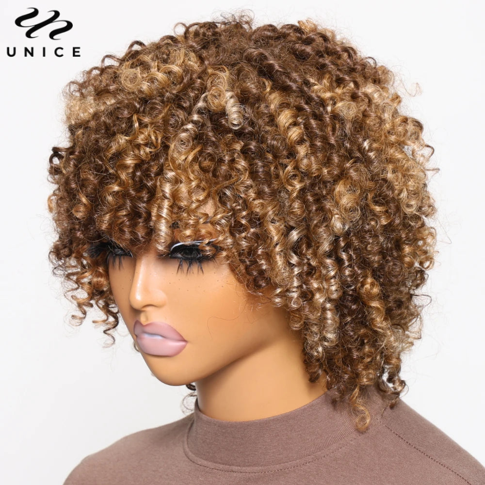 UNICE Peluca Afro Rizada Kinky Rubia con Reflejos y Flequillo 100% Cabello Humano Rizos Elásticos Pelucas Cortas de Cabello Humano Peluca Completamente Hecha a Máquina