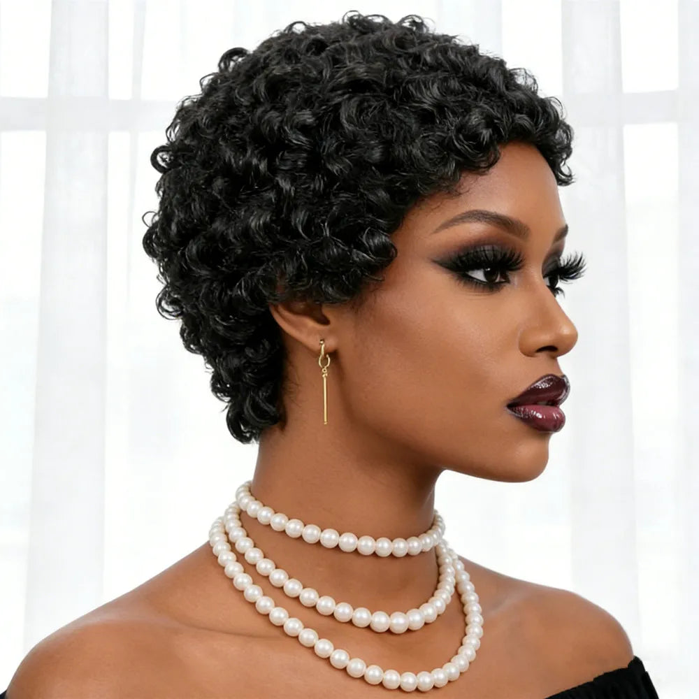 perruque courte frisée cheveux humains 4 pouces couleur noire perruque courte frisée afro cheveux humains 150% de densité coupe pixie faite à la machine
