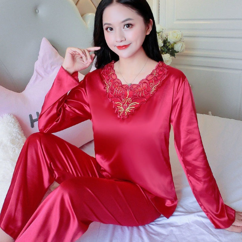 Women's Pajamas Set Summer Long Sleeve And Pants Pyjamas Two-piece Set Pajama Ice Silk Satin Sexy Sleepwear Home Suit Loungewear
