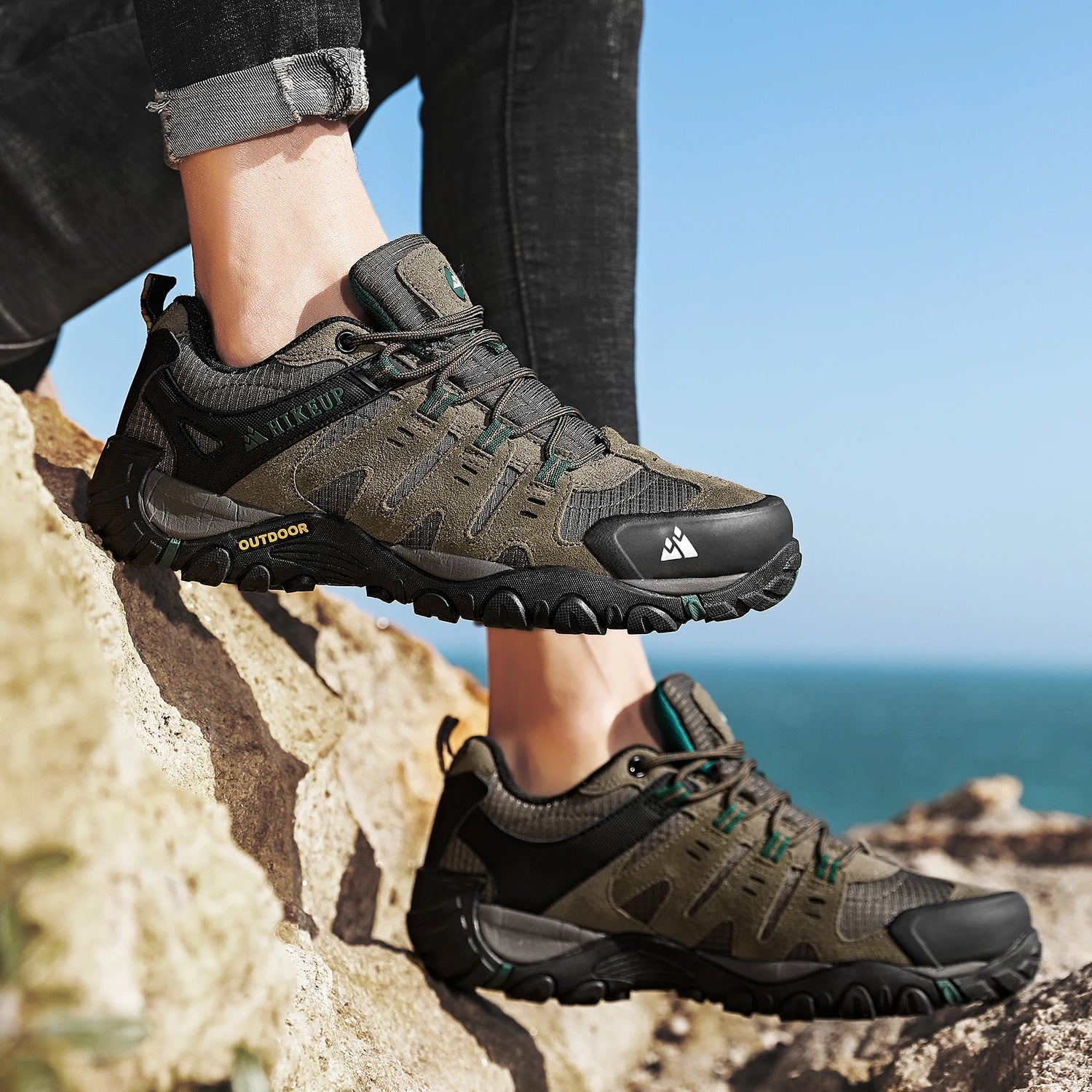 HIKEUP Zapatillas de senderismo para hombre de cuero de ante, calzado de exterior resistente al desgaste, zapatillas tácticas de trekking, senderismo y caza para hombre