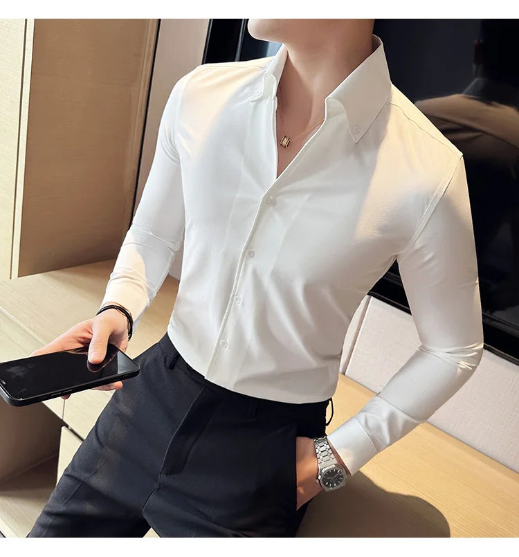 Camisa de vestir de hombre Otoño Estilo británico Liso Casual Ajustado Formal Camisas Cuello en V Manga Larga Camisa Ropa de hombre Streetwear