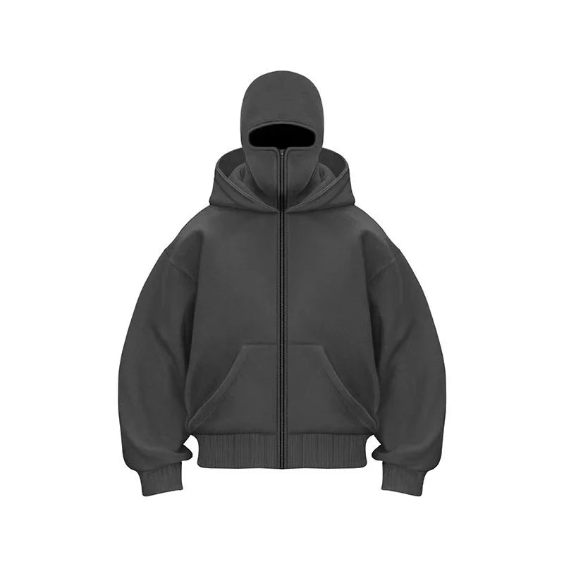 Double Hat Balaclava Hoodies Fashion Hip Hop Winter Windproof Sweatshirt Streetwear Trend zipper Face Mask Hoodie Jacket Coat