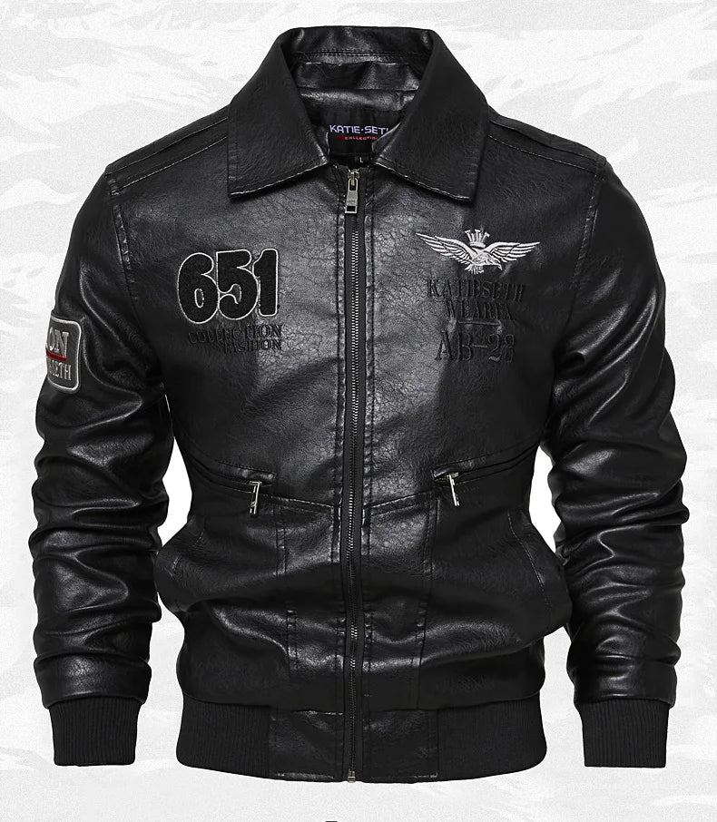 Chaquetas de moto para hombre de moda otoño/invierno casual de cuero bordadas estilo aviador en invierno terciopelo PU Jacke
