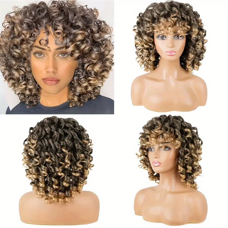 Kort krøllete parykk med lugg, myk afro kinky krøllete syntetisk parykk for svarte kvinner, daglig bruk, cosplay, fest