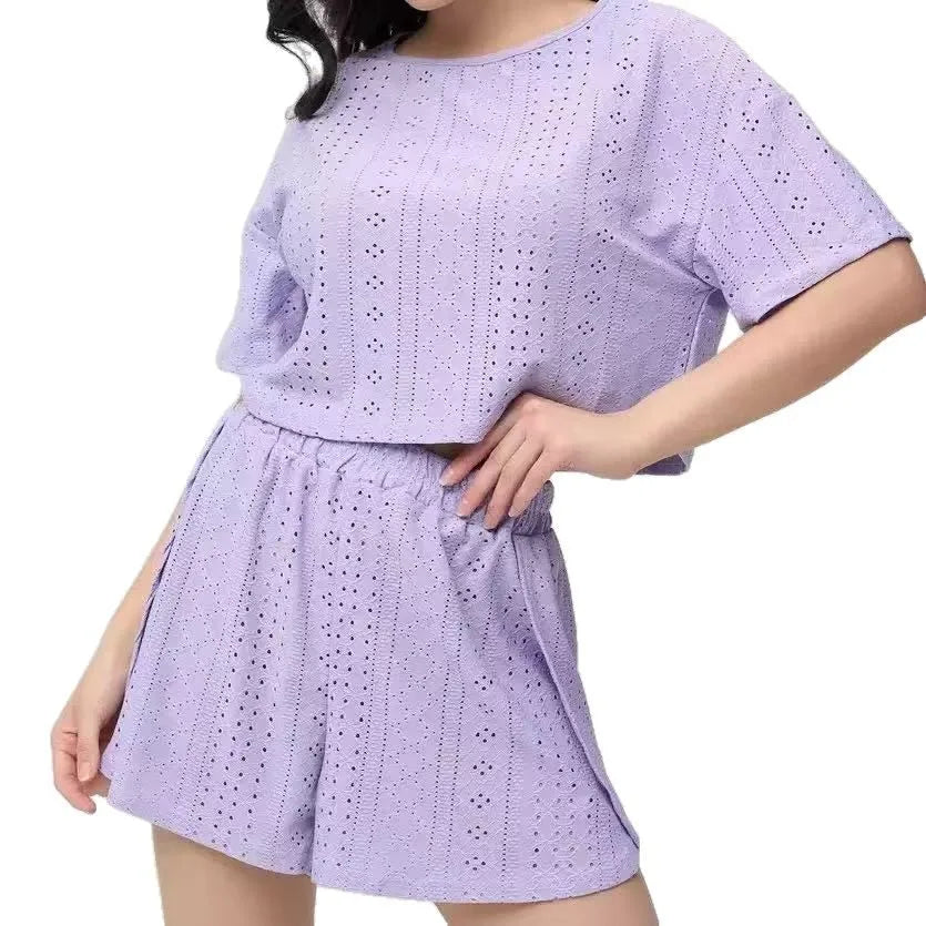 Conjunto de pijama de dos piezas para mujer, cuello redondo, manga corta, tops holgados casuales, pantalones cortos de salón, cintura elástica, color liso, trabajo, verano
