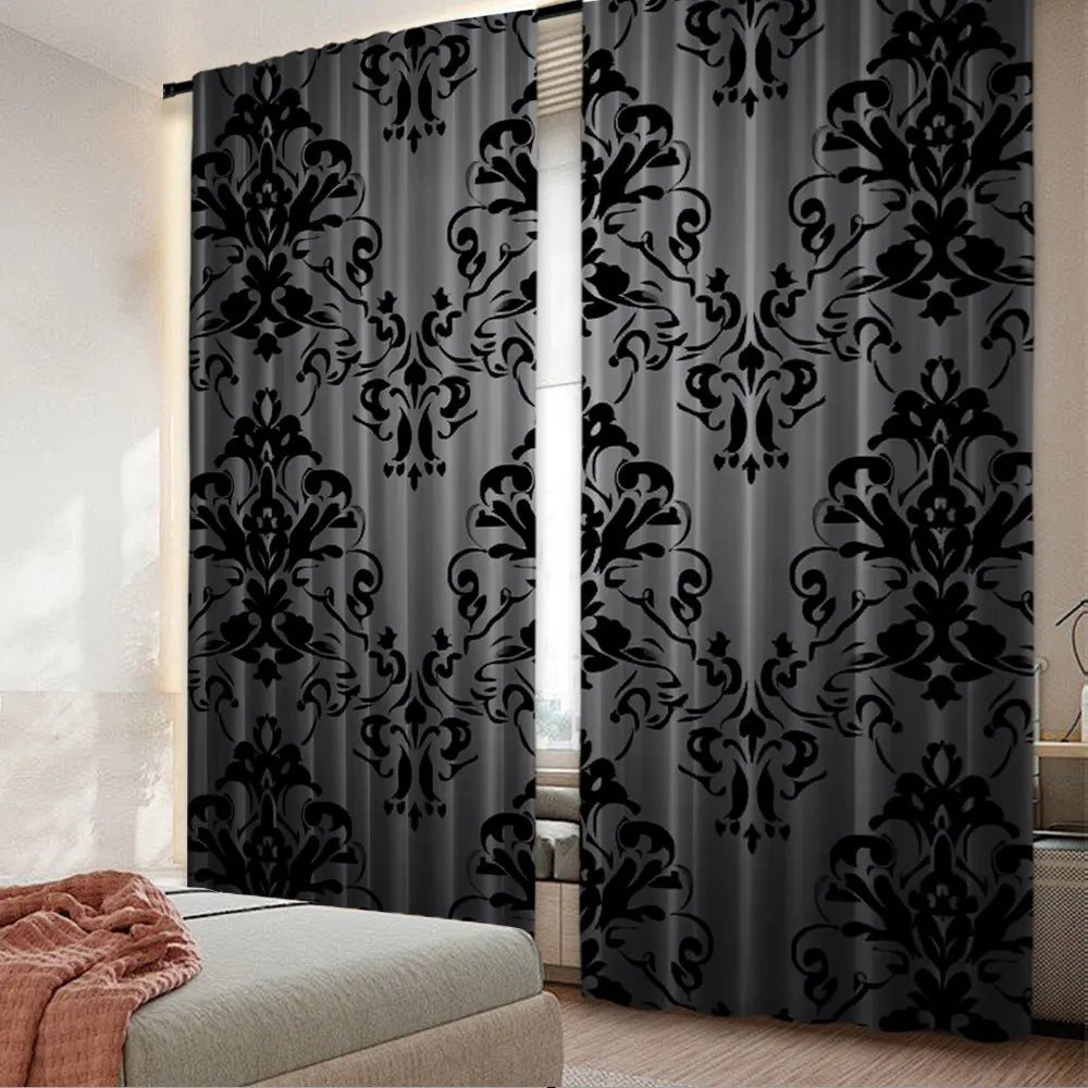 2Pcs Black Curtains Antique Victorian Style Gothic Vintage Black Floral Window Drapes Bohemian Exotic Window Curtain For Bedroom