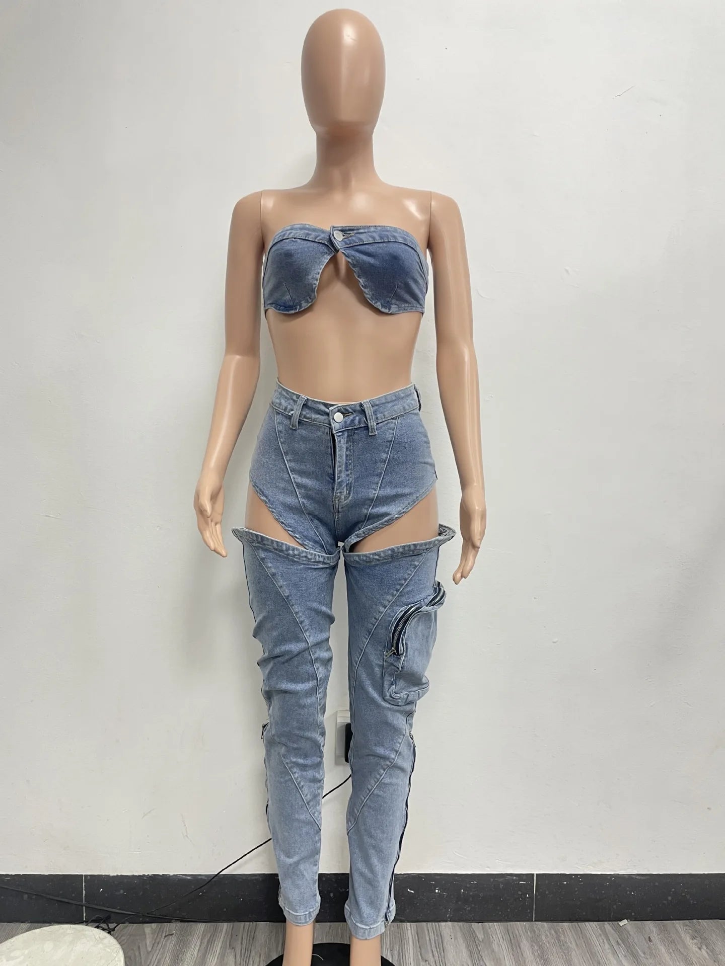 Conjuntos de pantalones de mezclilla para mujer Ropa de calle sexy Conjunto de dos piezas Top sin mangas con envoltura en el pecho sin espalda Jeans calados