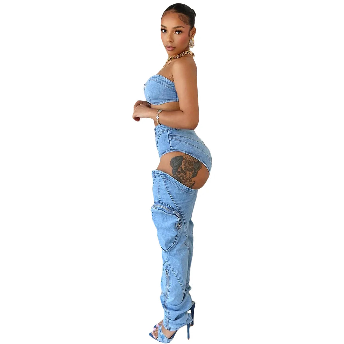 Conjuntos de pantalones de mezclilla para mujer Ropa de calle sexy Conjunto de dos piezas Top sin mangas con envoltura en el pecho sin espalda Jeans calados