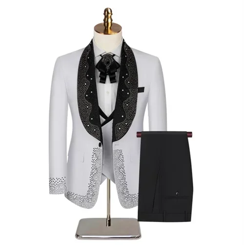 Traje de boda de lujo para hombres a la moda, esmoquin ajustado con cuentas para el novio, traje de fiesta para caballero, 3 piezas (chaqueta + pantalón + chaleco)
