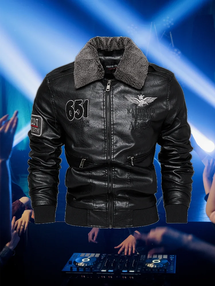 Chaquetas de moto para hombre de moda otoño/invierno casual de cuero bordadas estilo aviador en invierno terciopelo PU Jacke