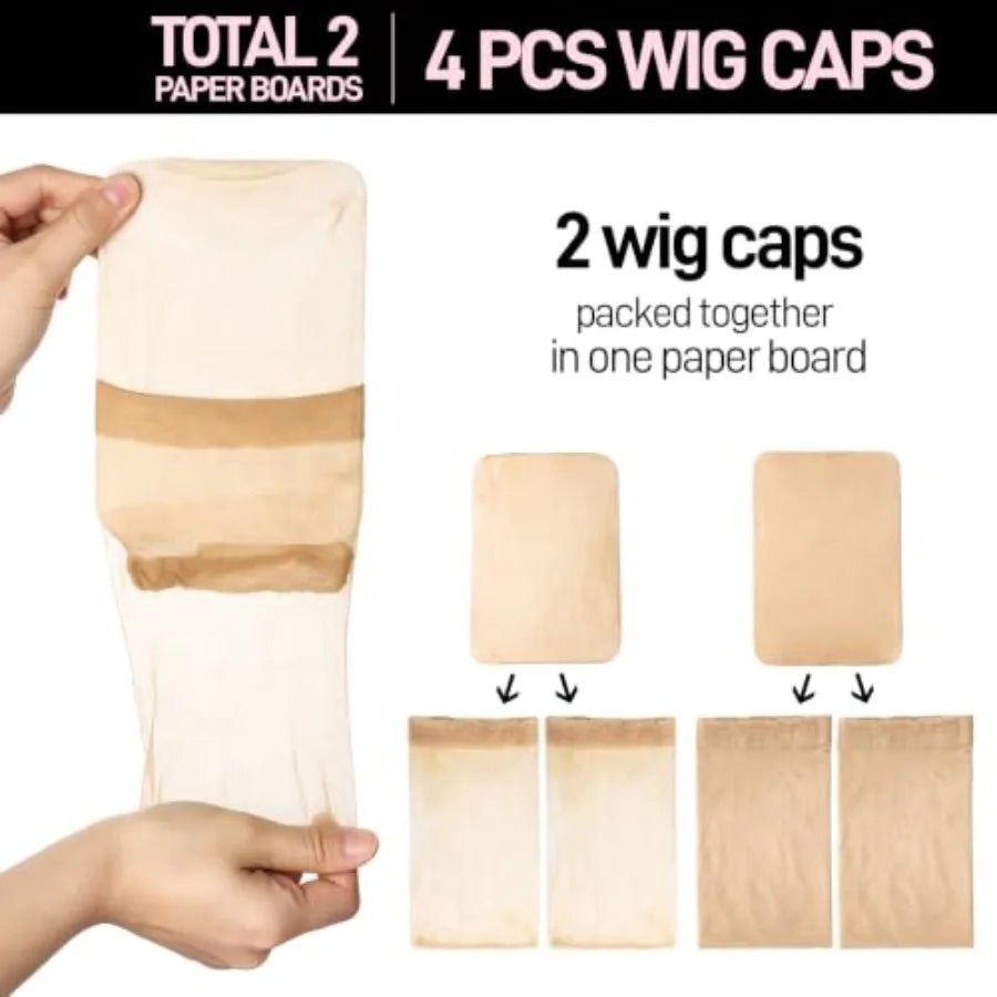 4 Gorros de Peluca, 2 Gorros de Peluca de Nylon para Mujer Marrón Claro, 2 Gorros HD para Pelucas Súper Delgados Invisibles Ligeros. Mallas para el Cabello