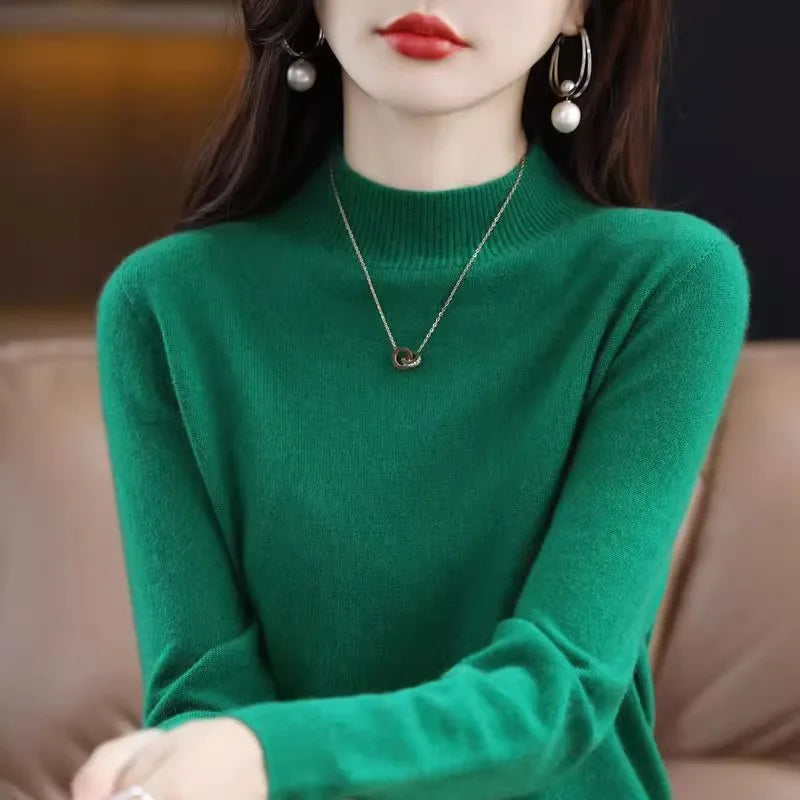 Suéter de mujer otoño invierno, camisas base cálidas casuales, cuello simulado, tejido básico, jerséis de manga larga, moda coreana