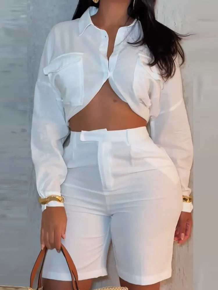 Traje de camisa de manga larga y pantalones cortos elegante sólido para mujer Nuevo traje de 2 piezas para mujer de moda elegante informal de oficina de verano