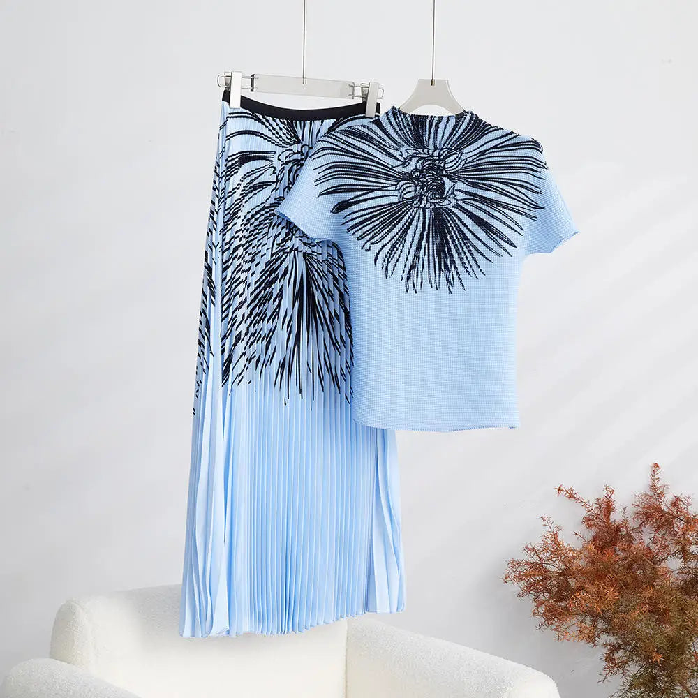 Pleated Skirt and Pleated Shirt Set Women's Summer Short Sleeve Top and Long Printed Pleated Skirt 2-Piece Set Short Skirt