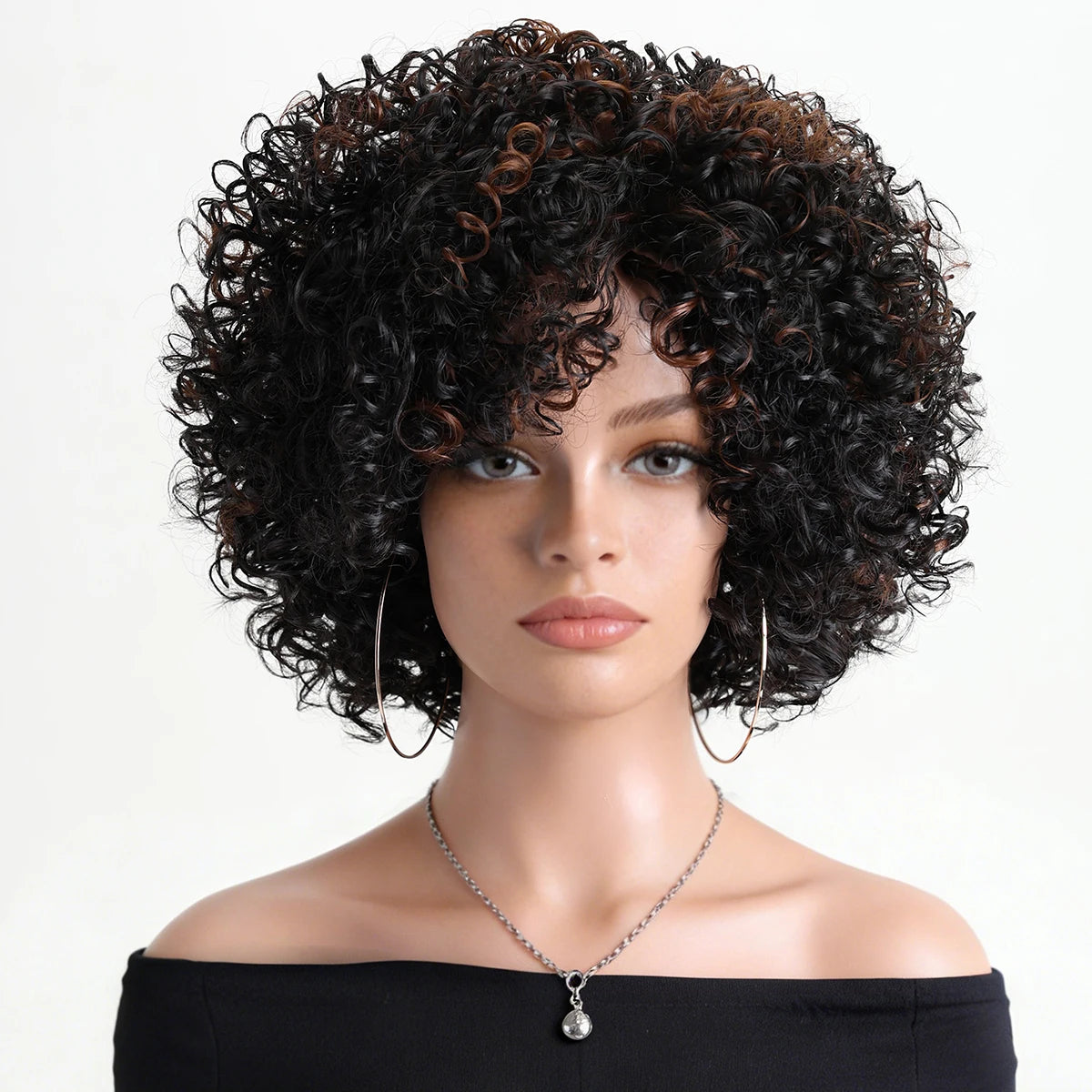 12 Inch Curly Wigs for Women Natural Black Synthetic African American Full Kinky Curly Afro Hair Wig with Bangs