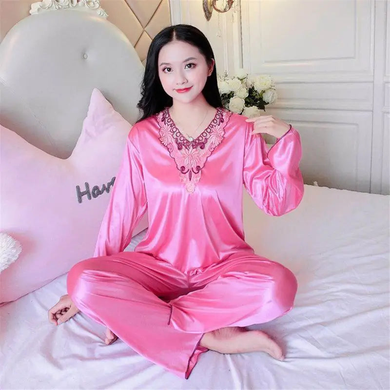 Women's Pajamas Set Summer Long Sleeve And Pants Pyjamas Two-piece Set Pajama Ice Silk Satin Sexy Sleepwear Home Suit Loungewear