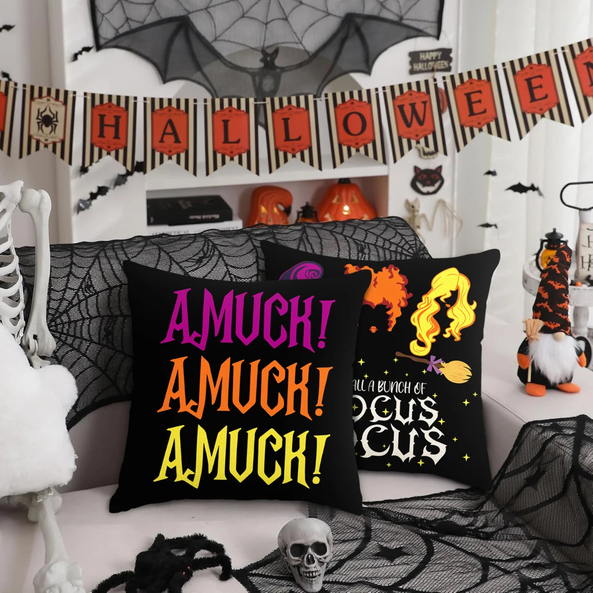 1 ud./4 Uds. Funda de almohada decorativa de Halloween, funda de cojín de truco o trato, fantasma, cabeza de calabaza, funda de cojín de sofá con decoración de murciélago