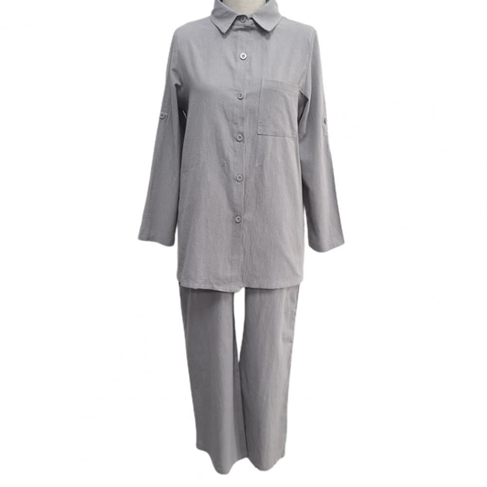 Women Pants Blouse Set Long Sleeve Solid Color Single-breasted Turn-down Collar Shirt Wide Leg Pants Suit Shirt Trousers Set
