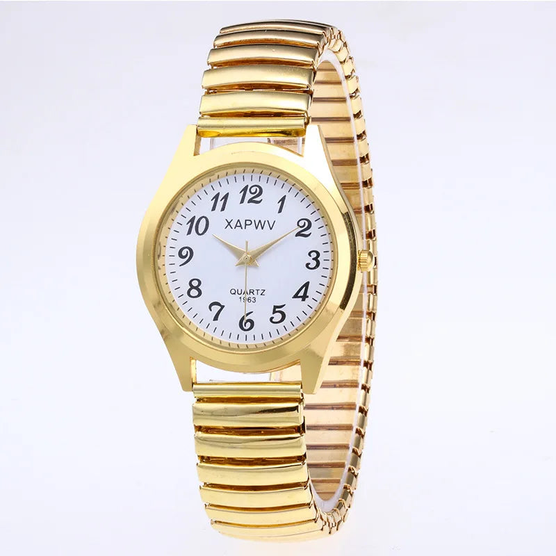 Relojes de pulsera para hombre y mujer, correa de acero inoxidable, aleación, para amantes, movimiento de cuarzo, correa elástica