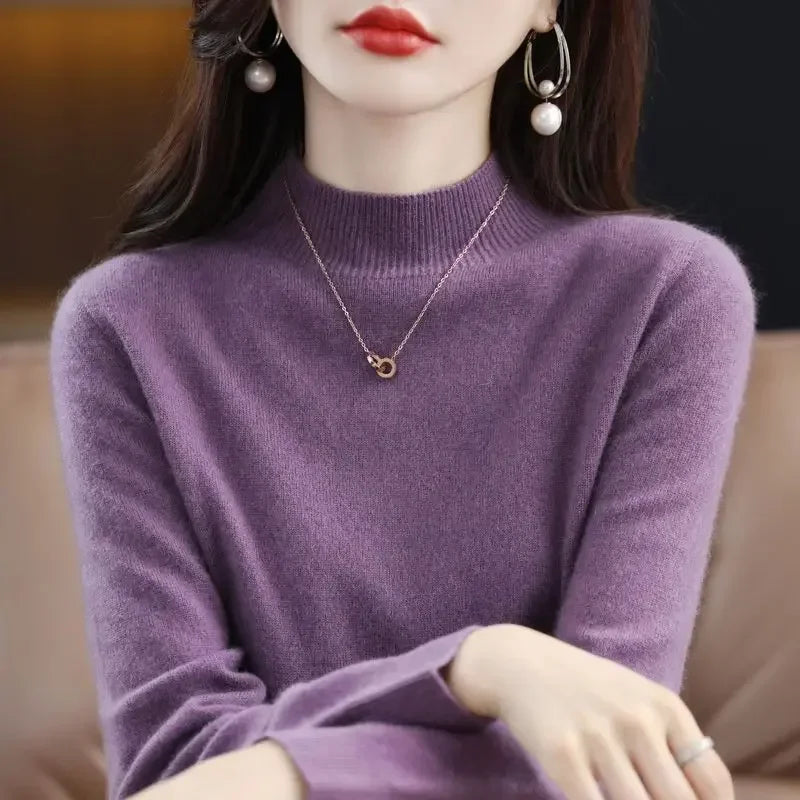 Suéter de mujer otoño invierno, camisas base cálidas casuales, cuello simulado, tejido básico, jerséis de manga larga, moda coreana