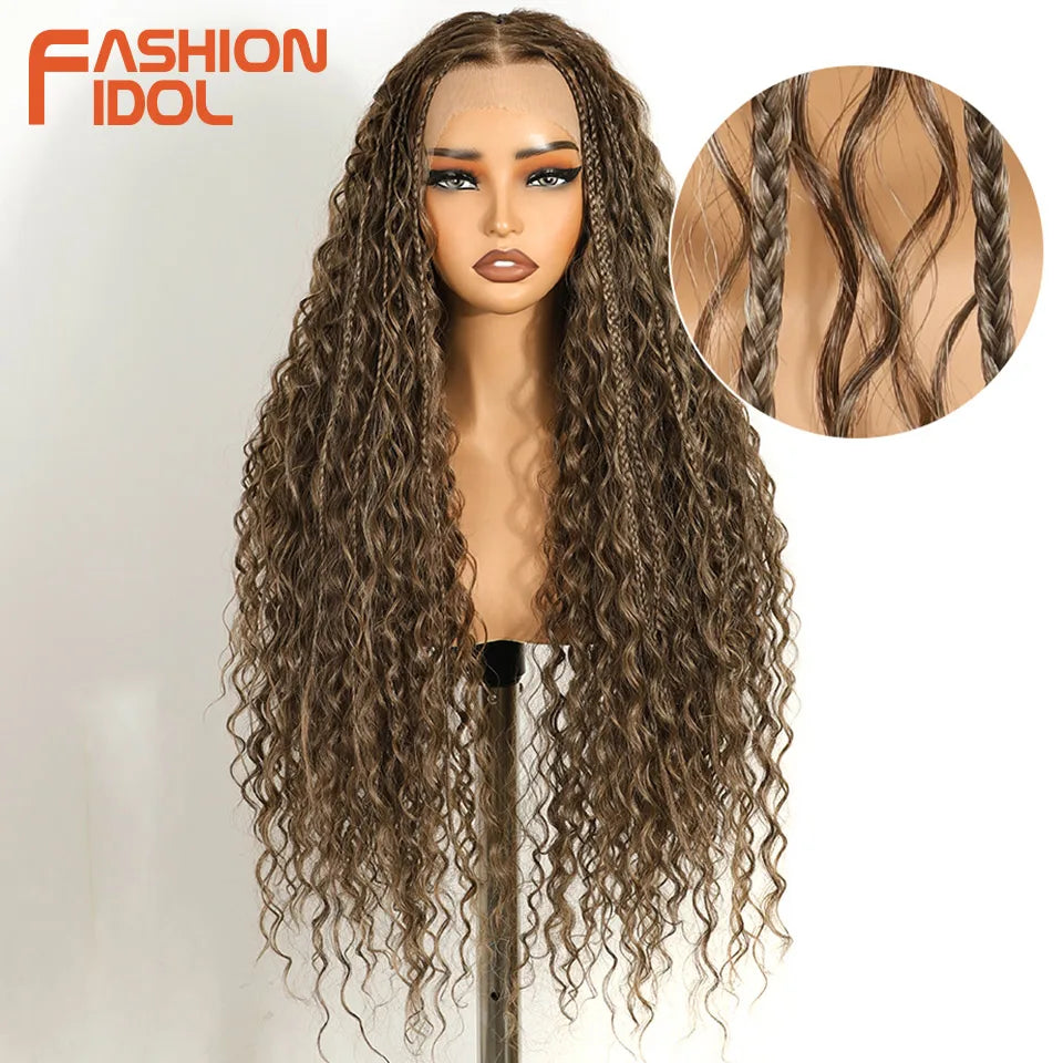 FASHION IDOL 13X4 Box Twist Braided Lace Wig For Black Women Synthetic Lace Frontal Wigs Blonde Faux Locs Wig Goddess Braids Wig