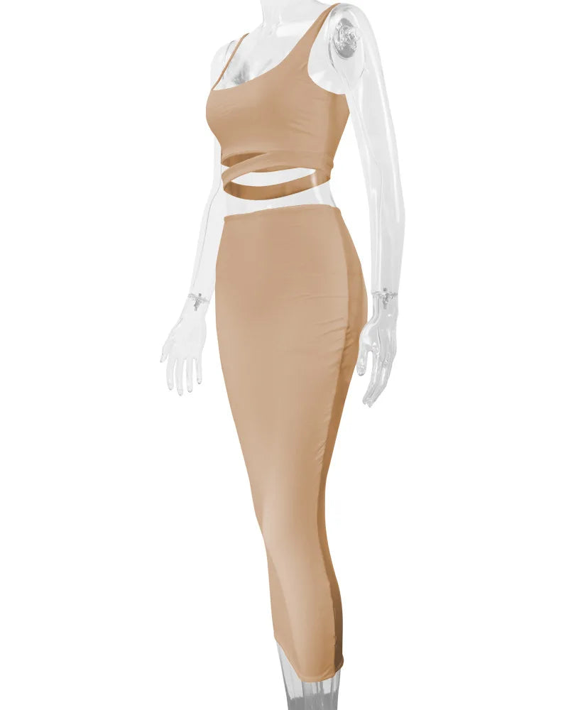 Conjuntos de faldas de verano para mujer, top corto sin tirantes con aberturas + conjuntos de falda ajustada elástica de cintura alta, trajes de dos piezas sexys para mujer a la moda