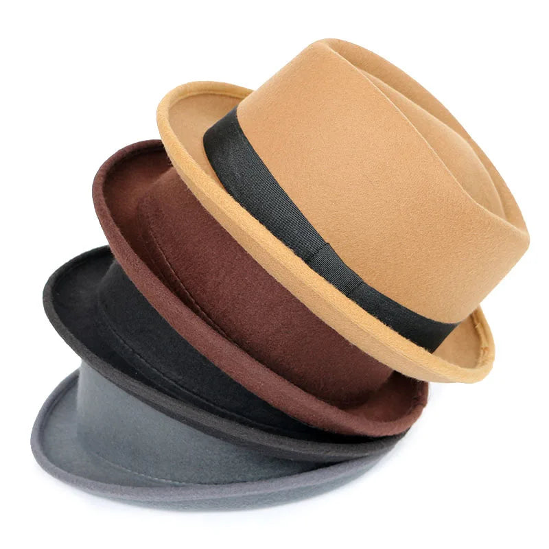 Klassisk Fedora-hatt for menn Mote Høst 2025 Ensfarget Vinter Kortermet Fedora Jazz Topphatter Dame Svart Gentleman Filtlue
