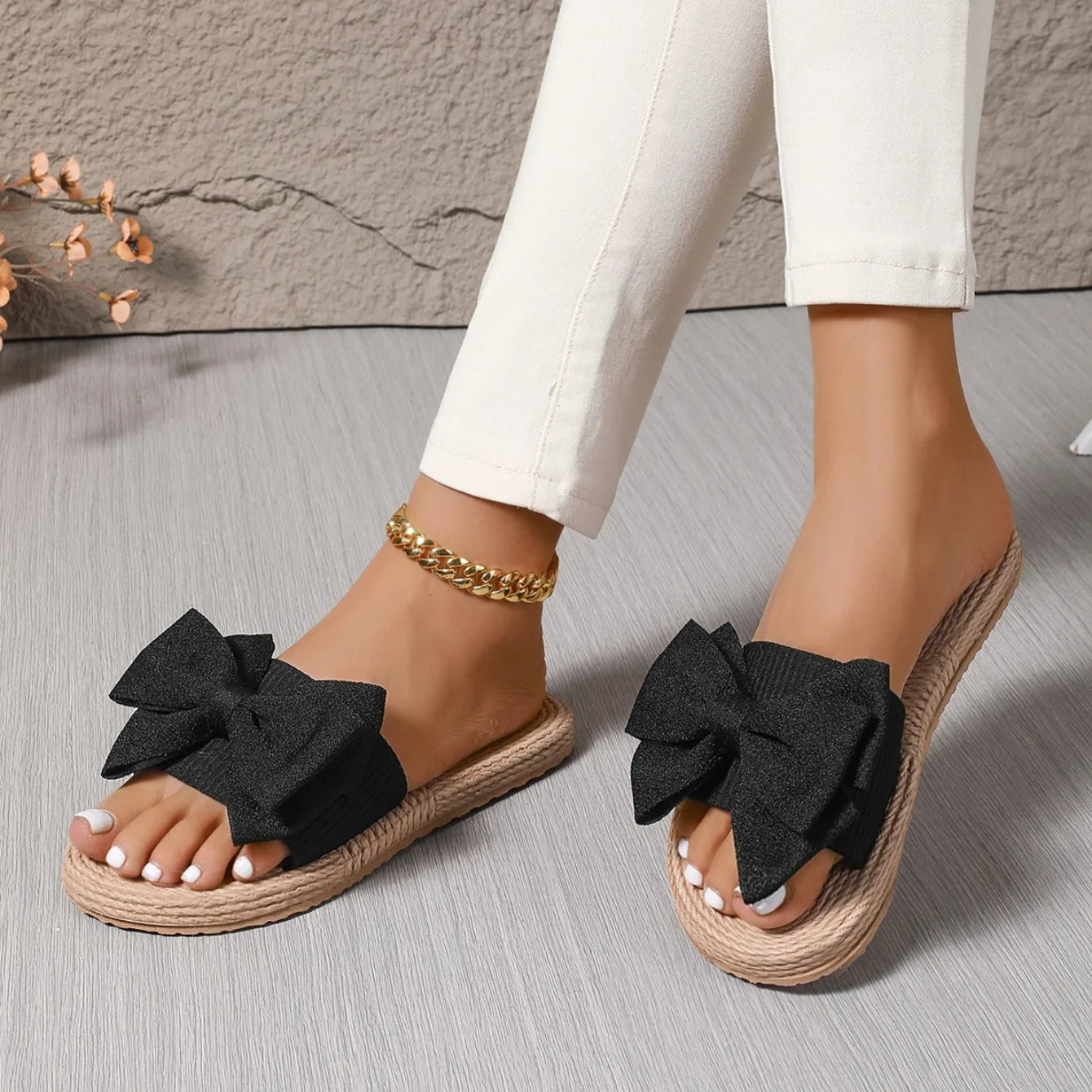 Zapatillas de mujer con lazo a la moda, sandalias antideslizantes, resistentes al desgaste, zapatos cómodos, suela blanda, tacón plano, pantuflas para mujer
