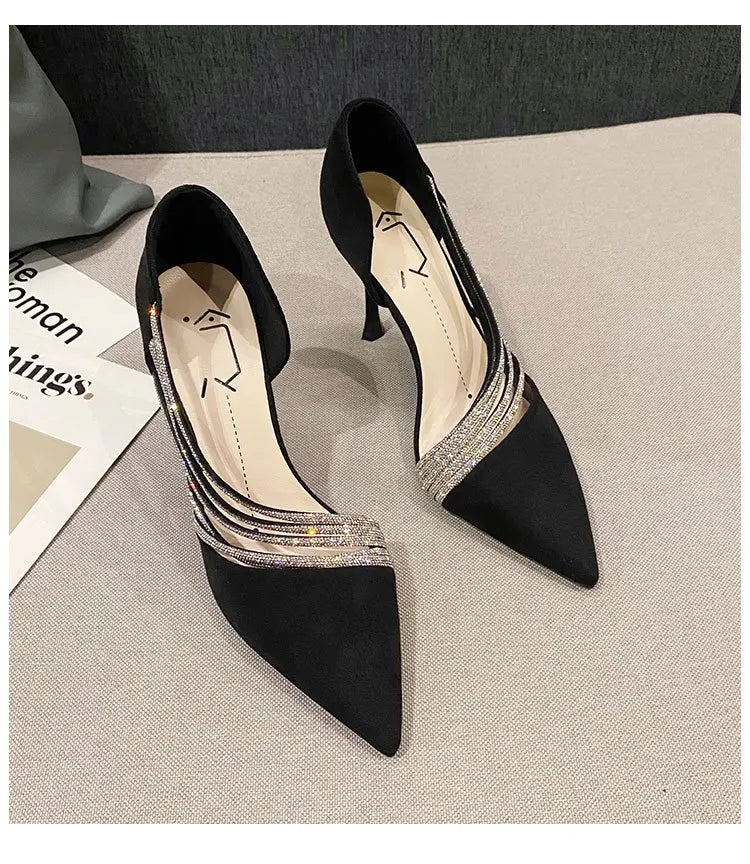 Zapatos de tacón alto para fiesta de noche de mujer, nuevos zapatos de salón elegantes para mujer, de punta, negros, con tiras, para mujer