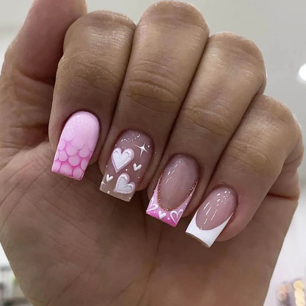 Uñas postizas francesas de cabeza cuadrada, impermeables, manicura usable, color nude degradado, uñas a presión, cubierta completa, puntas de uñas brillantes para mujer