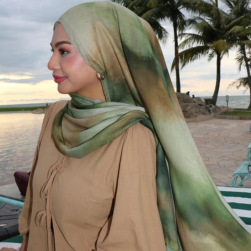 Watercolor Print Hijab Muslim Marble scarf Soft Breathable Sun Protection Lightweight Summer beach Wrap for Women