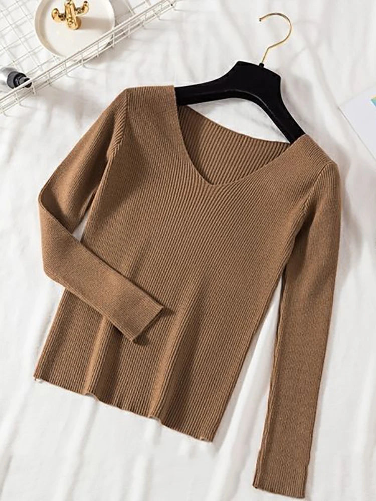 Suéter de mujer nuevo otoño invierno de manga larga jersey básico top de moda cuello en V elástico femenino invierno de punto sólido