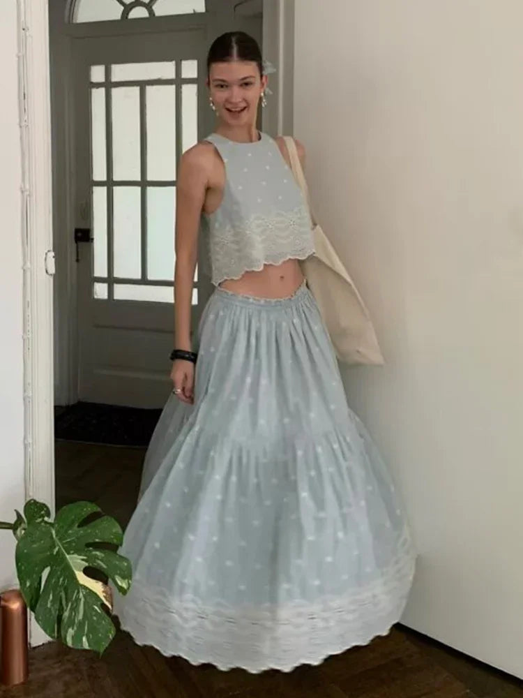 Conjunto de dos piezas de falda y top sin mangas a juego para mujer, falda vintage azul claro, conjunto de vestido de algodón bordado estilo francés
