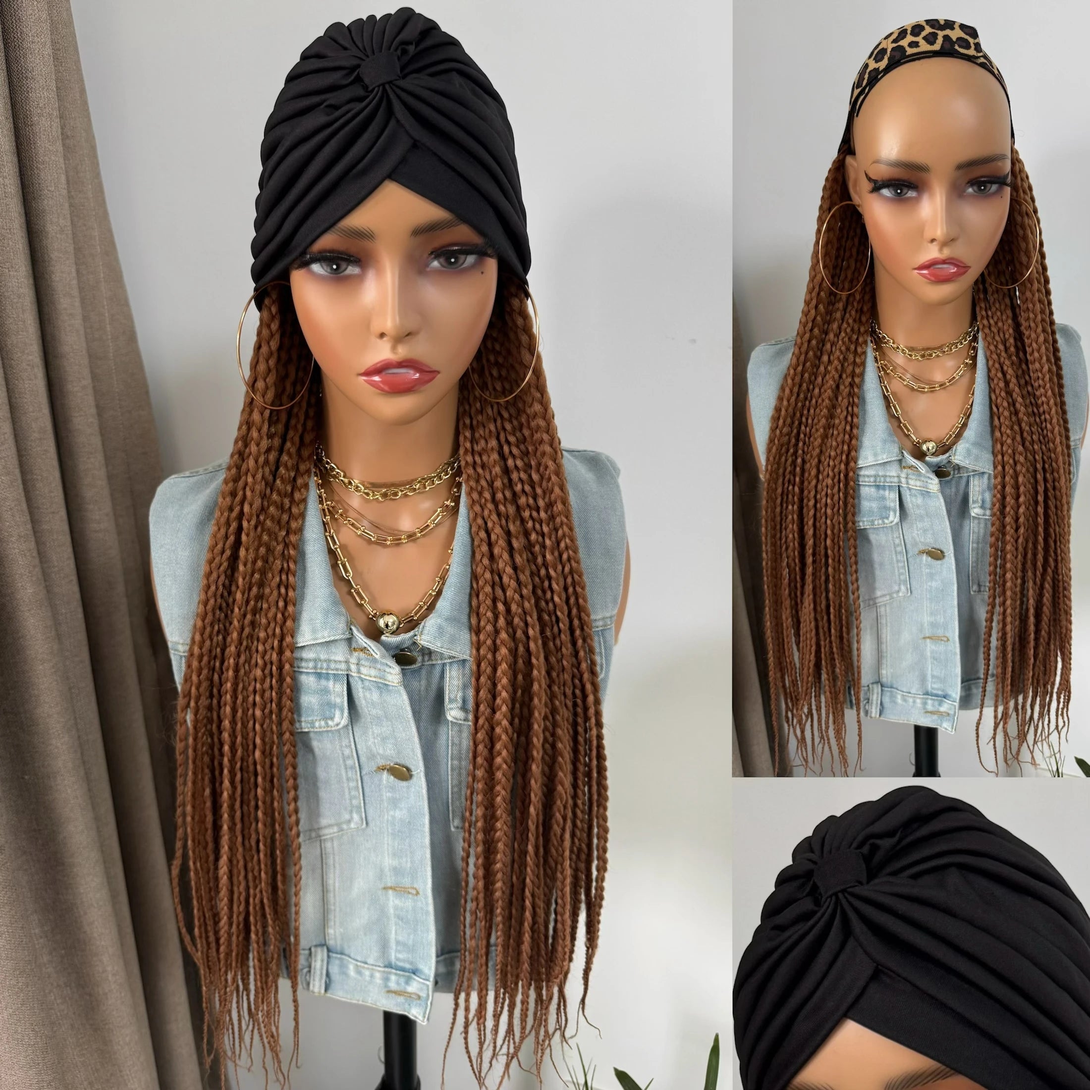 WIGERA Diadema con estampado de leopardo Peluca sintética trenzada larga con gorro turbante Trenzado de caja Extensiones de cabello Pañuelo para la cabeza Peinado fácil
