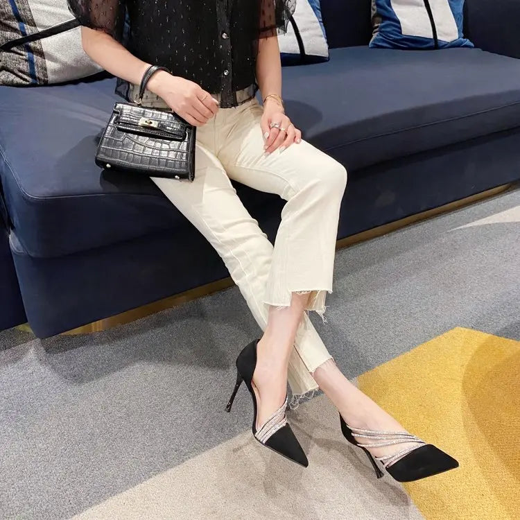 Zapatos de tacón alto para fiesta de noche de mujer, nuevos zapatos de salón elegantes para mujer, de punta, negros, con tiras, para mujer