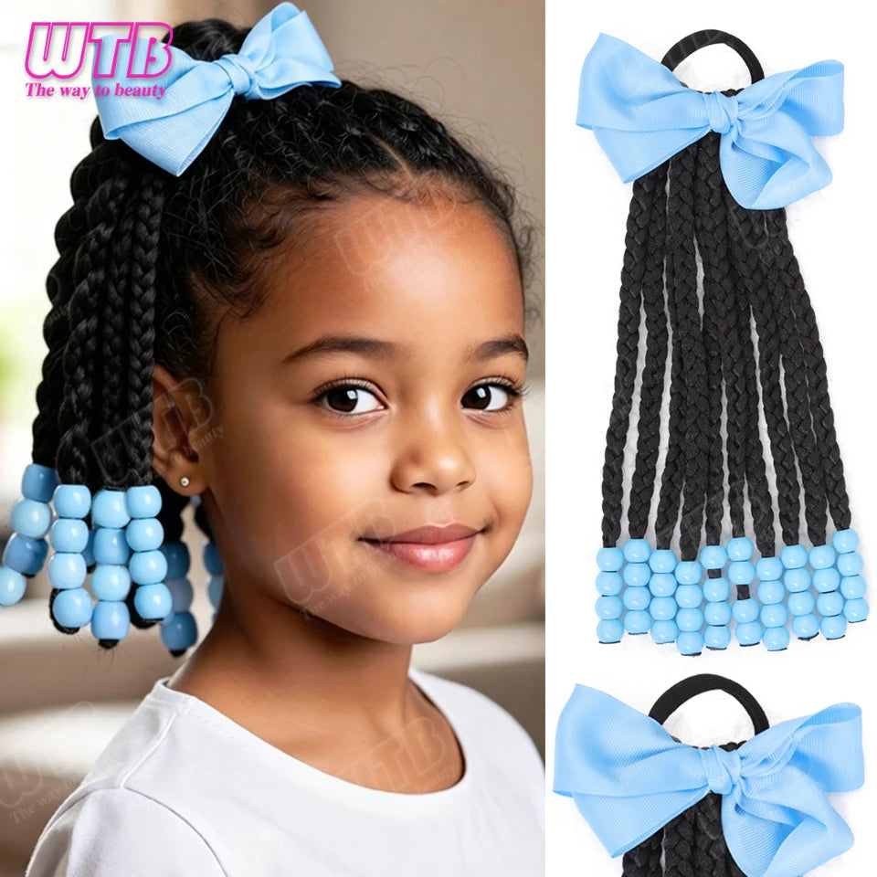 WTB Peluca sintética trenzada adornada con lazo, estilo banda elástica, peluca de cola de caballo para niños, peluca de cola de caballo corta, adecuada para uso diario.