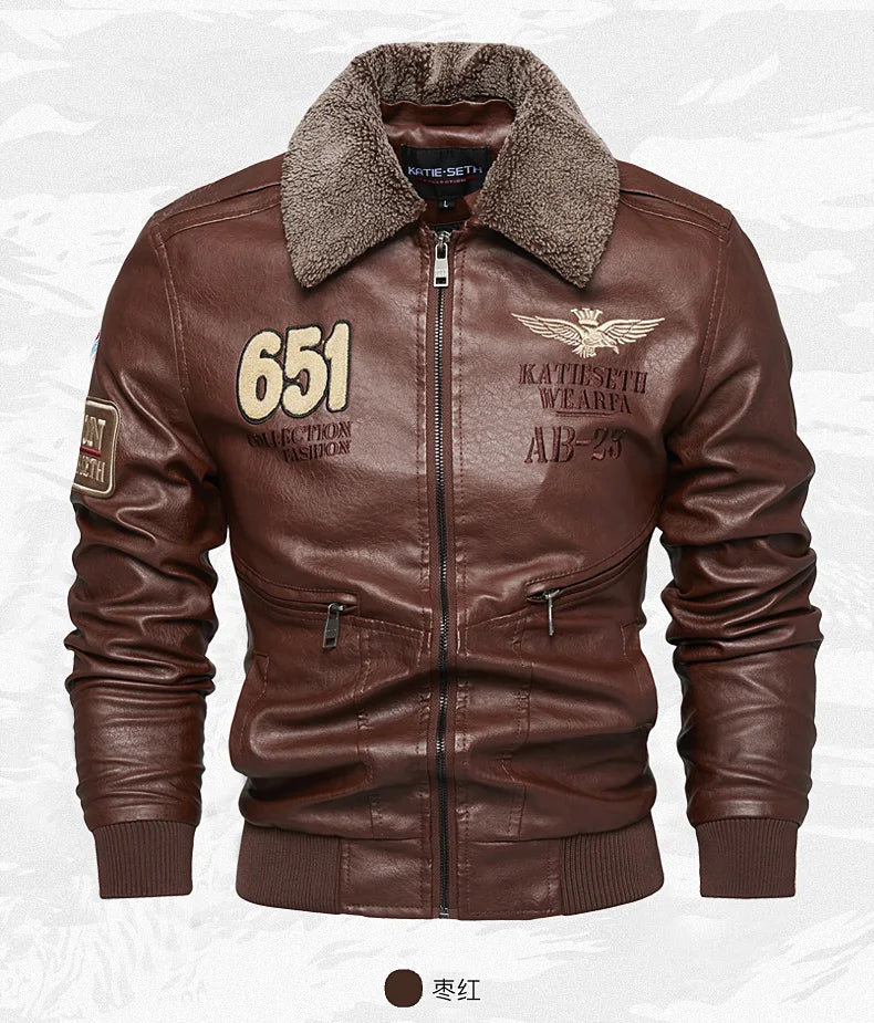 Chaquetas de moto para hombre de moda otoño/invierno casual de cuero bordadas estilo aviador en invierno terciopelo PU Jacke