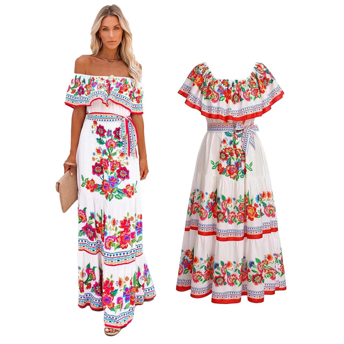 Vestido mexicano tradicional étnico mexicano del Cinco de Mayo con estampado floral de verano y hombros descubiertos para mujer