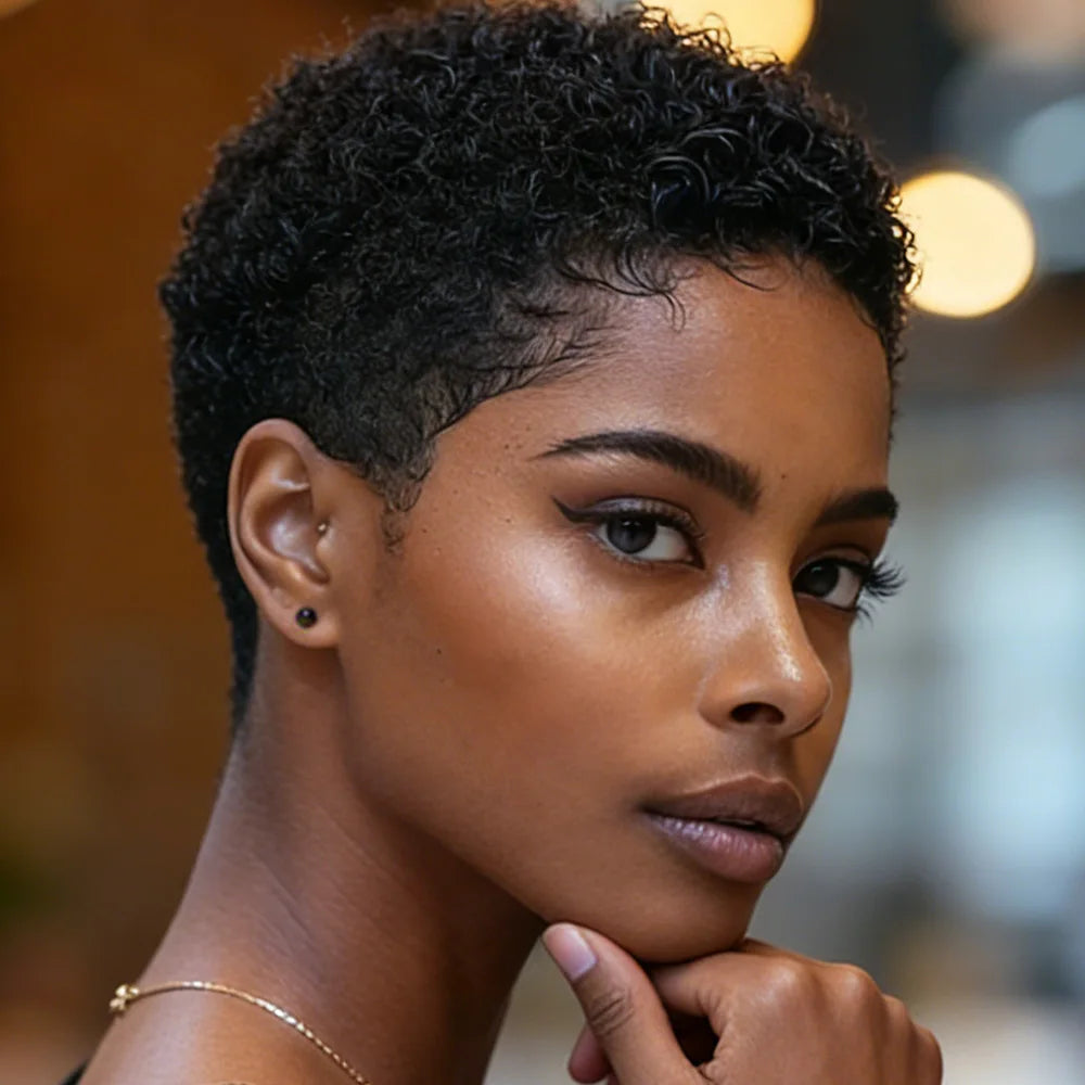 4Inches Short Pixie Cut Wig Human Hair For Black Women Afro Kinky Curly Wig African Curly 180% Density Full Machine Made Wig