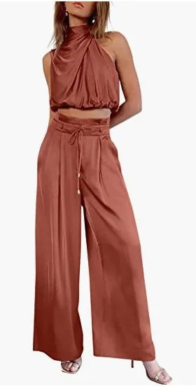 Ensemble deux pièces pour femme, pantalon ouvert au nombril, haut sans manches en soie plissée, pantalon large, ensemble assorti d'été 2024