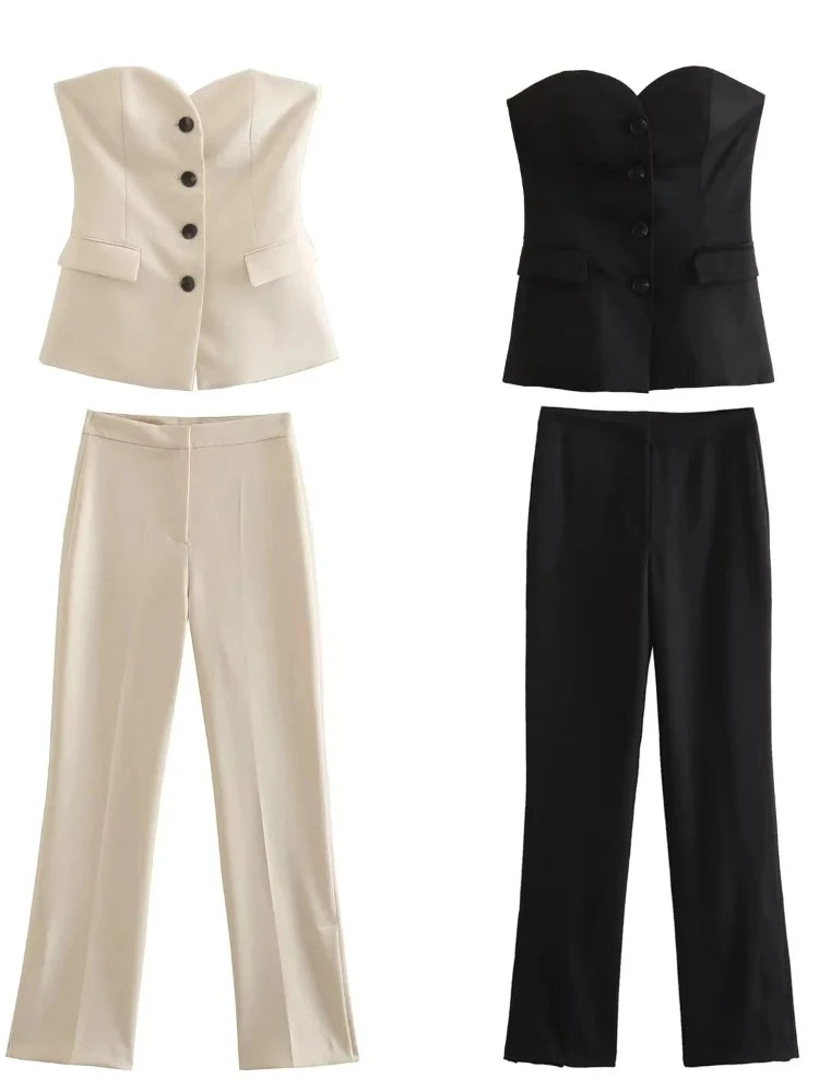 Traje de pantalón elegante sólido para mujer, tops sin tirantes sexy con botones delanteros + conjunto de pantalón con aberturas laterales, moda urbana femenina