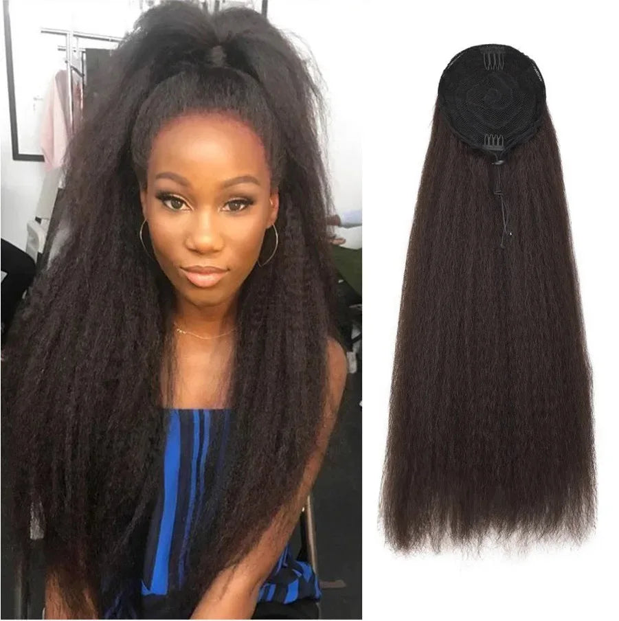 Synthetic Afro Ponytail Extension Long Yaki Curly Puff Kinky Wavy Soft Heat Resistant Black Hair for Women Daily Use